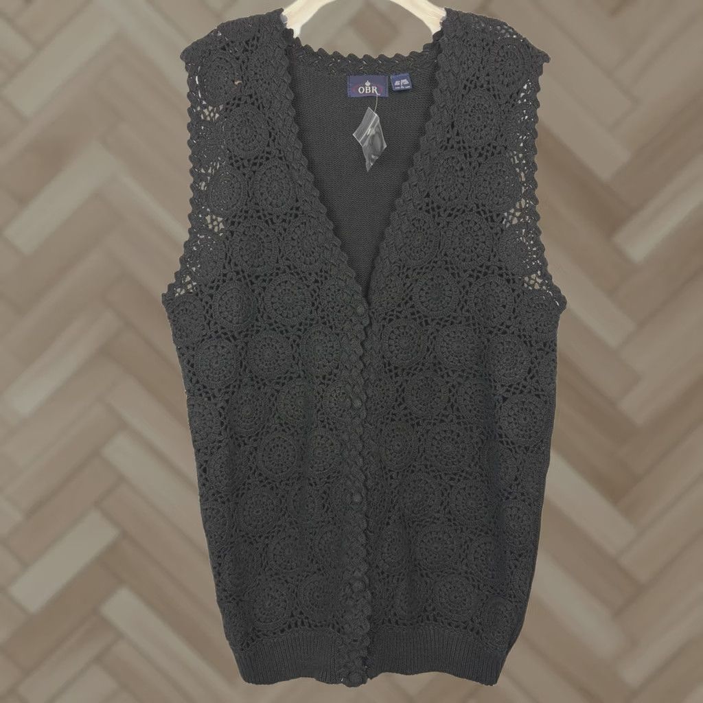 Vintage OBR Vest Sweater Womens L Black Crochet Knit Open Front Hippie Boho Winter Spring Fall Festival Casual Size L / US 10 / IT 46 - 1 Thumbnail