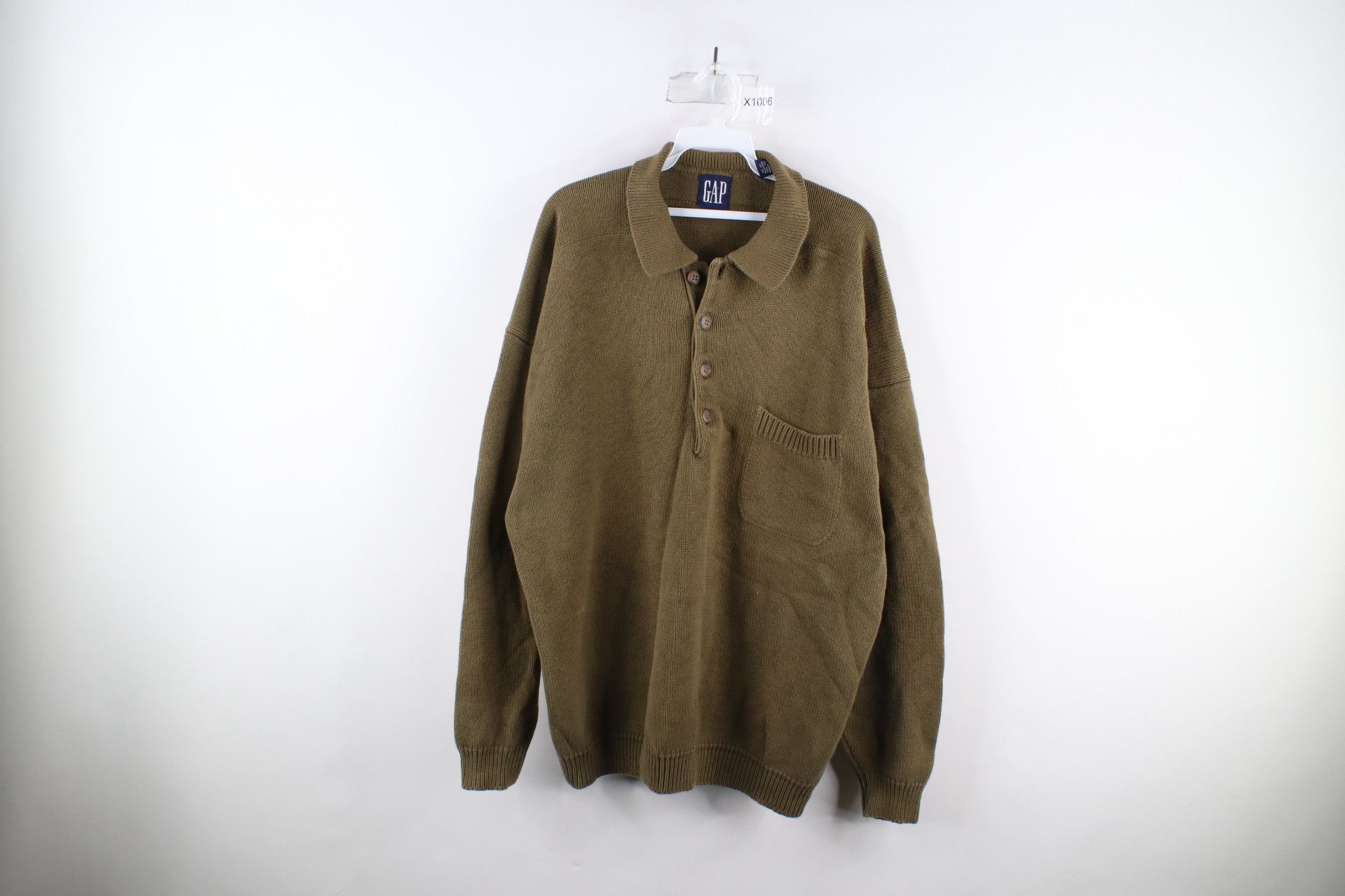 image of 90's Gap Cotton Knit Collared Pullover Sweater Green, Men's (Size XL)