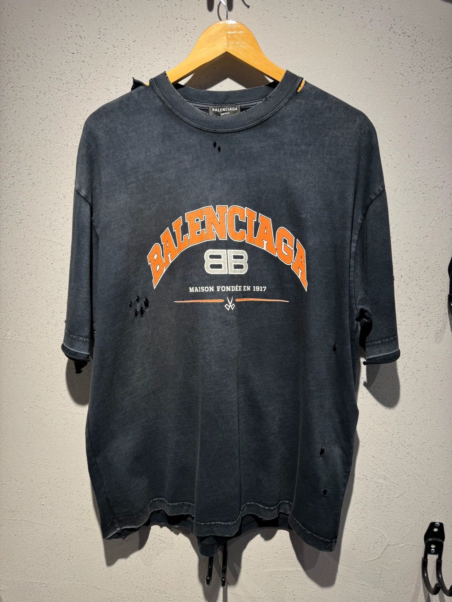 Balenciaga Balenciaga SS22 Maison Series BB Letter Logo Printed Cracks Wear and Tear, Hole Making, Old Washing Retro Loose Round Neck Short Sleeve Size US S / EU 44-46 / 1 - 1 Thumbnail