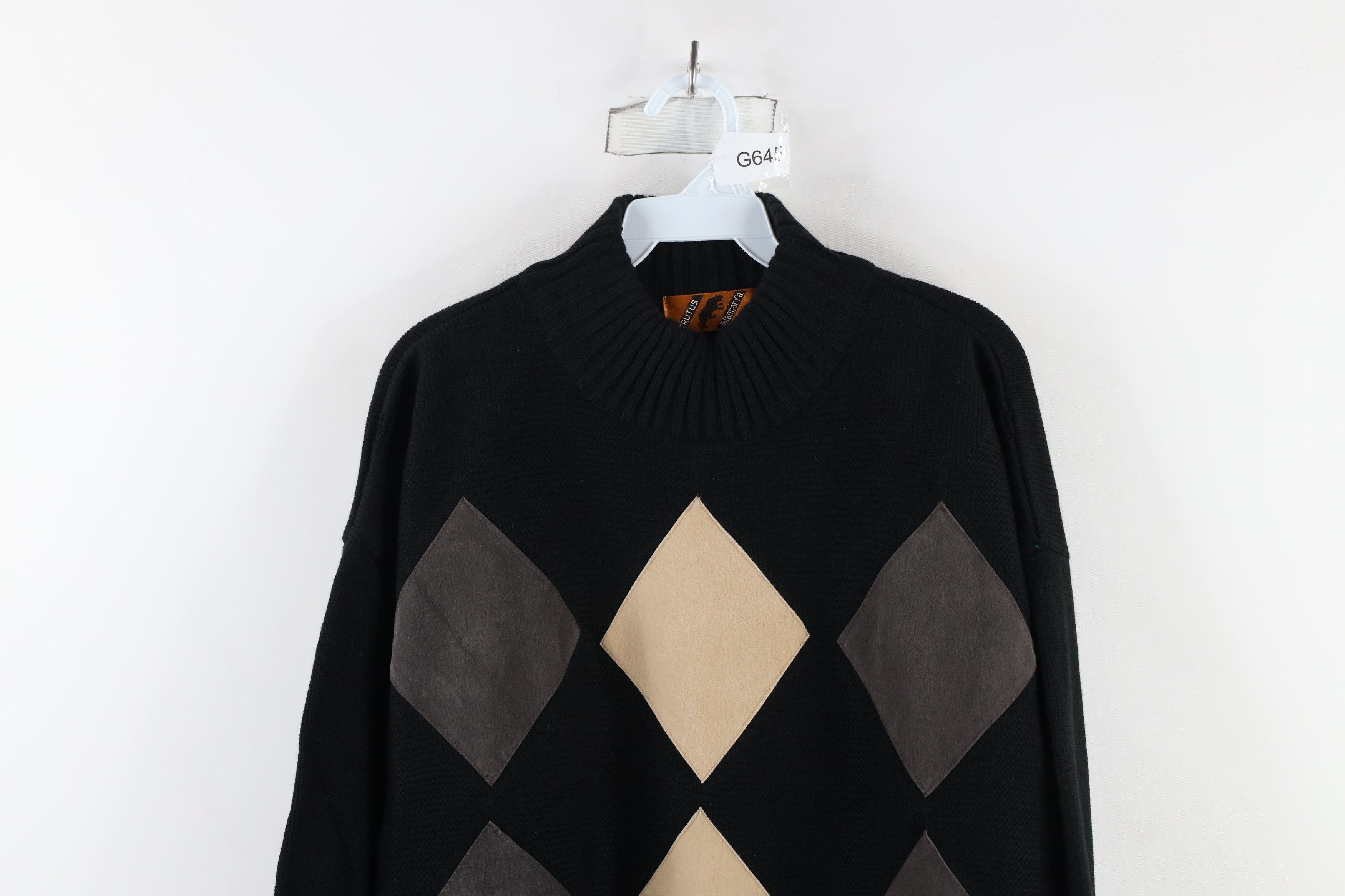 Vintage Vintage 90s Streetwear Diamond Mock Neck Knit Sweater Black Size US XL / EU 56 / 4 - 2 Thumbnail
