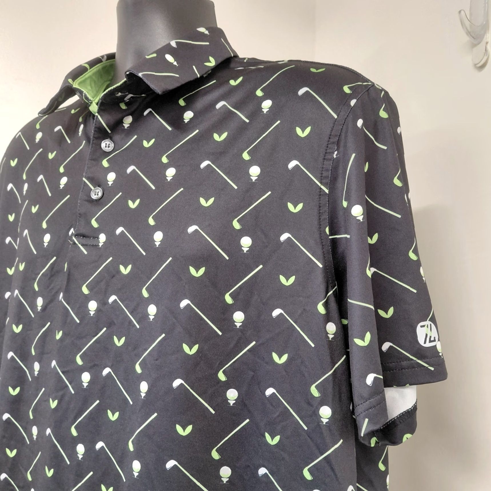 Vintage SR Speed Your Run Composition Golf Polo Mens XL Black All Over Print Clubs/Balls Short Sleeve Polo Size US XL / EU 56 / 4 - 5 Thumbnail