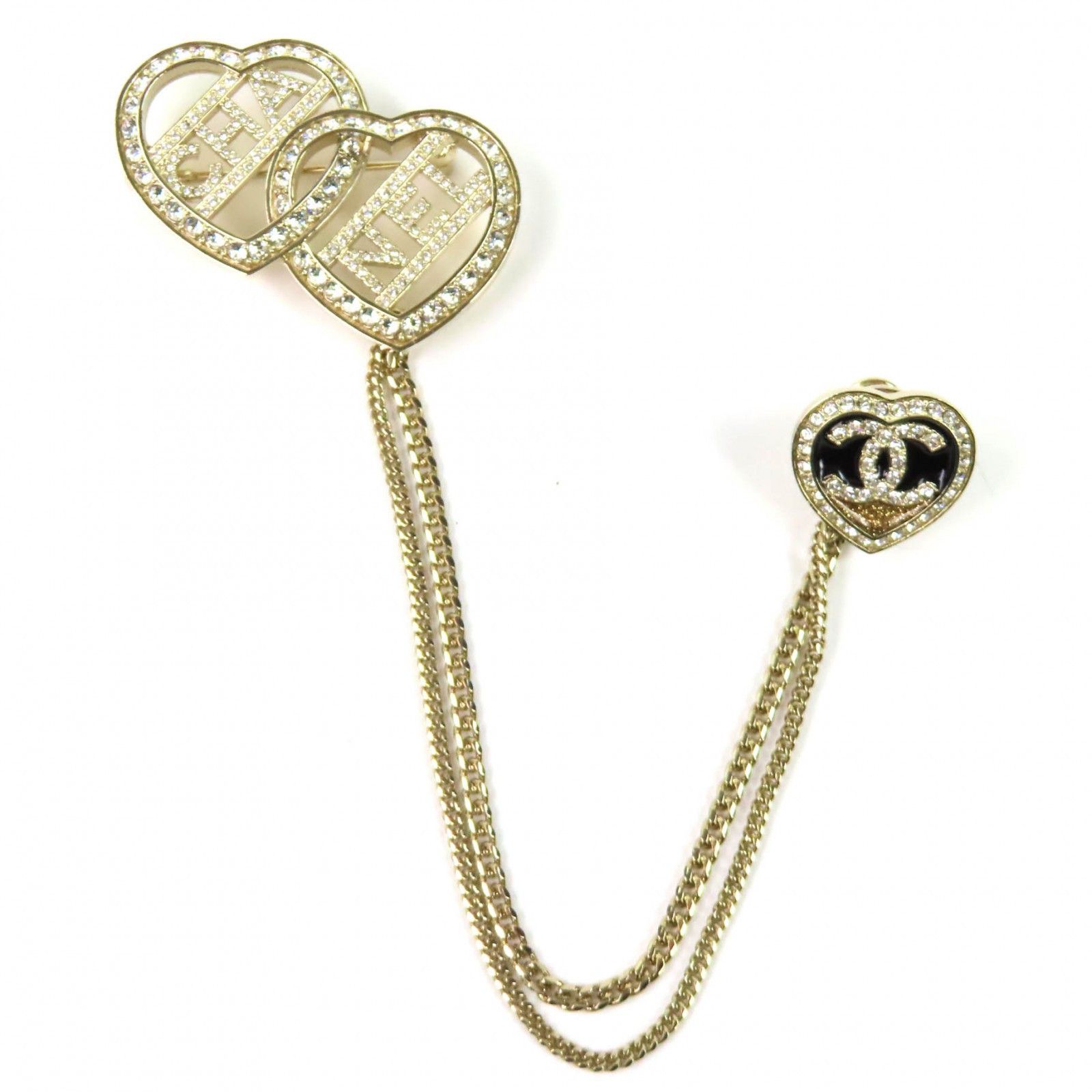 Chanel Chanel Chanel COCO Mark Double Heart Strass Brooch Metal Brooch DUTY FREE for USA Size ONE SIZE - 1 Thumbnail