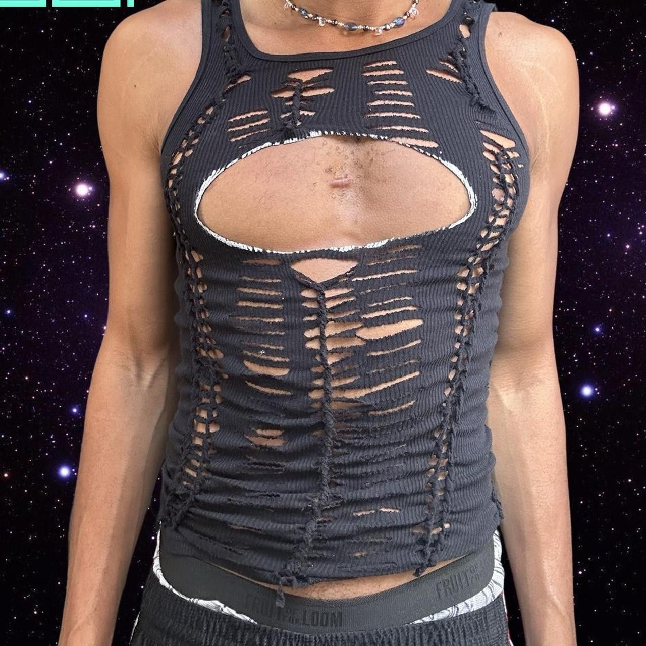 Gildan ASTROBOI* 'Orbit' Black Braided Cut Out Ribbed Tank - Medium Size US M / EU 48-50 / 2 - 3 Thumbnail