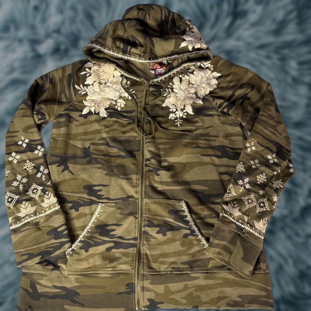 Johnny Was Johnny Was Camo Embroidered Hoodie Jacket Full Zip Sz L Long Sleeves Size L / US 10 / IT 46 - 1 Thumbnail