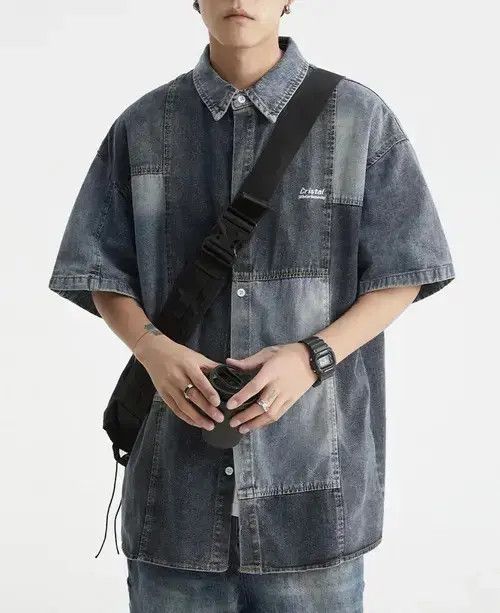 Japanese Brand Retro y2k patchwork denim short sleeve shirt hip hop Size US L / EU 52-54 / 3 - 2 Thumbnail