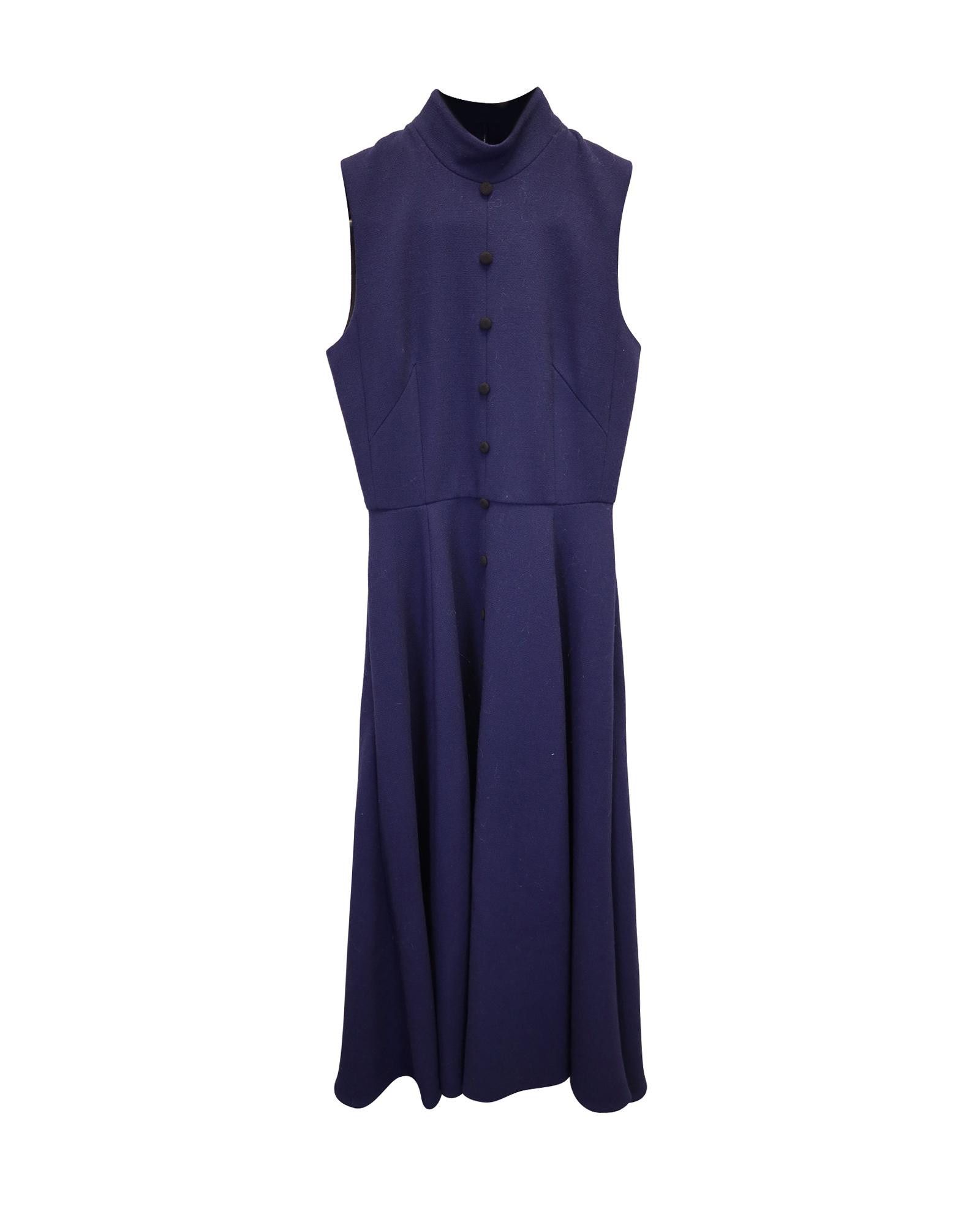 image of Elegant Blue Wool Mock-Neck Midi Dress By Emilia Wickstead, Women's (Size Small)