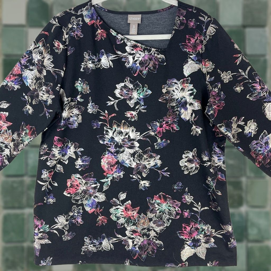Vintage Chico's Romance Shine Floral Asymmetrical-Neck Ponte Top Womens XL Black Shirt Size XL / US 12-14 / IT 48-50 - 1 Thumbnail