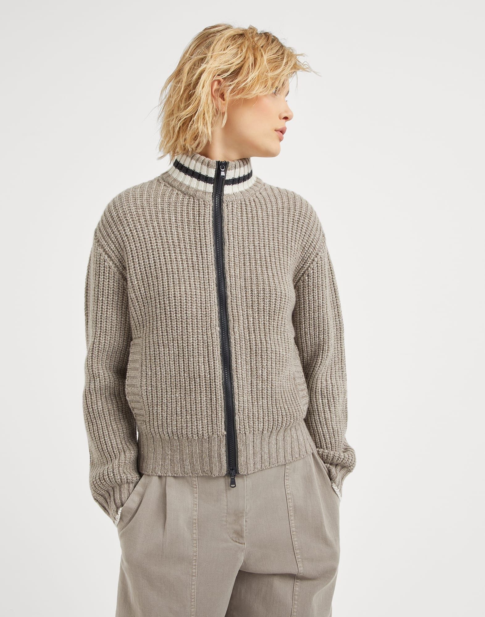 Brunello Cucinelli o1la1rc1a1025 Zip Sweater in Beige Size L / US 10 / IT 46 - 1 Thumbnail