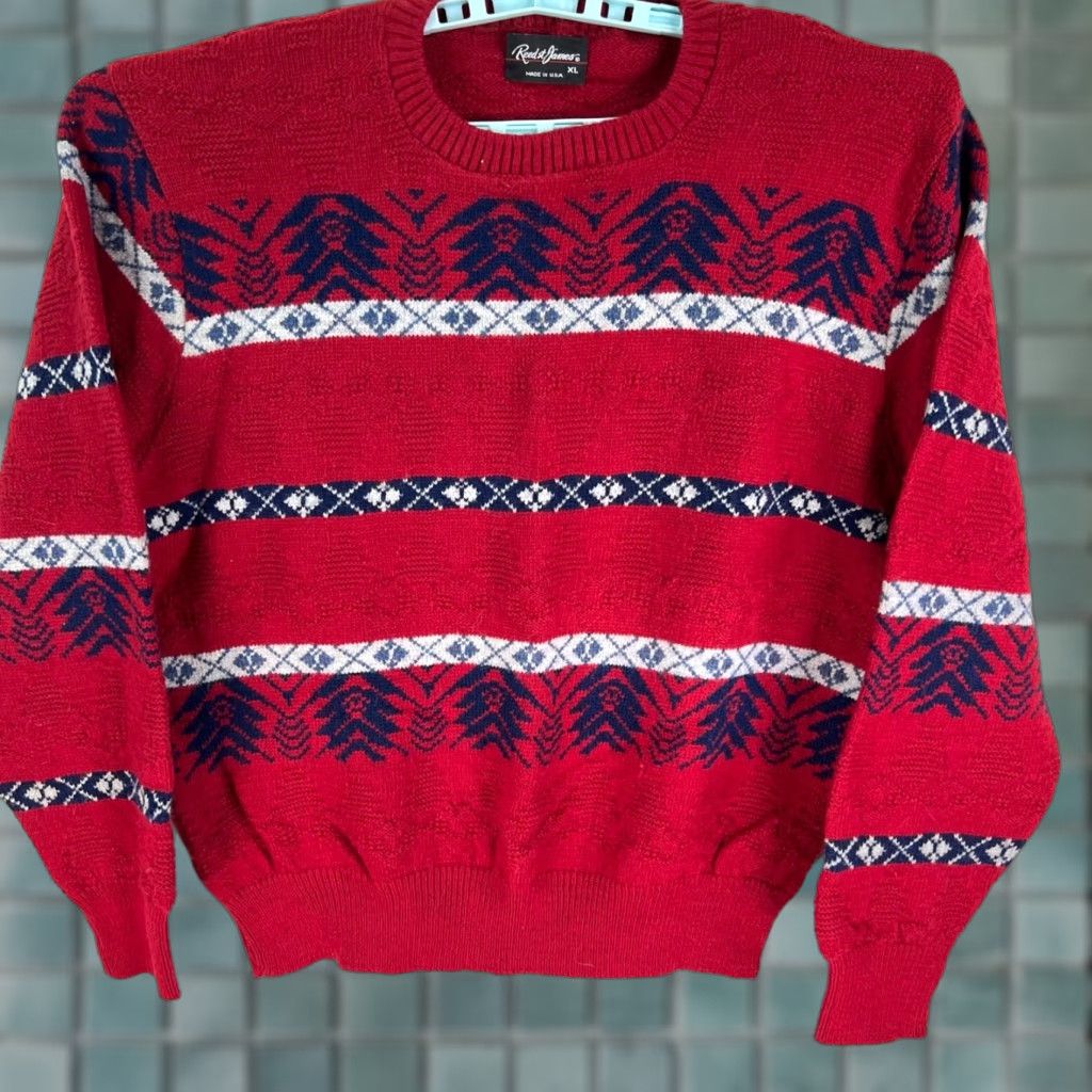 Vintage Reed St. James Mens Sweater Crew Neck Long Sleeve XL Red Geometric Knit 90s Classic Hipster Pullover Knitwear Shirt? Size US XL / EU 56 / 4 - 1 Thumbnail