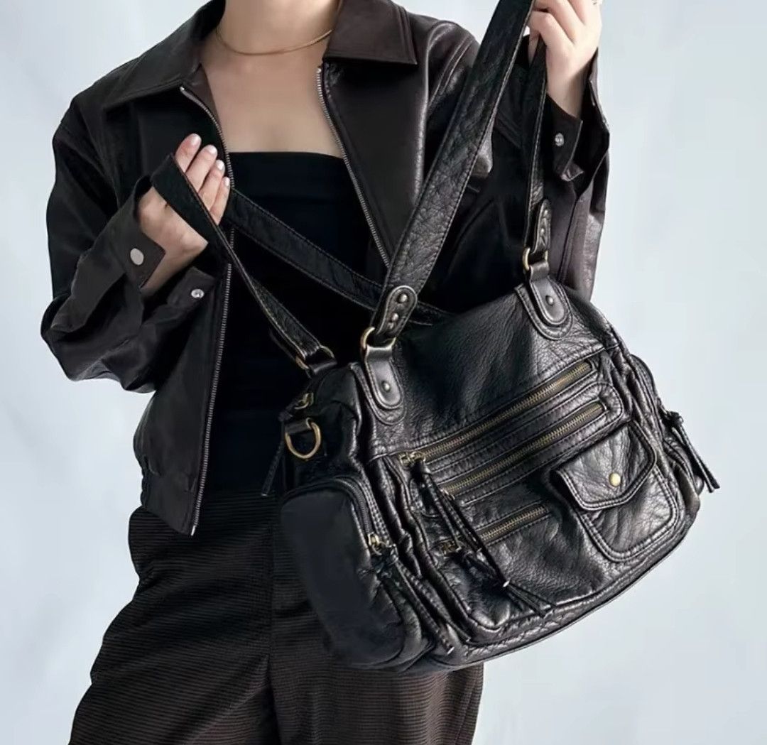 Leather × Vintage Ladies' Vintage Multi-Zipper Motorcycle Tote Bag Size ONE SIZE - 2 Thumbnail