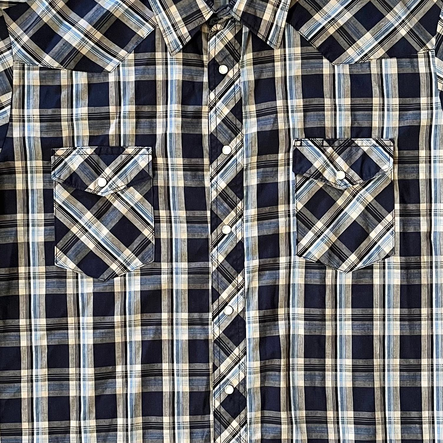 Vintage × Wrangler Vintage Wrangler Western Navy Blue Plaid Short-Sleeve Shirt Size US XL / EU 56 / 4 - 5 Thumbnail