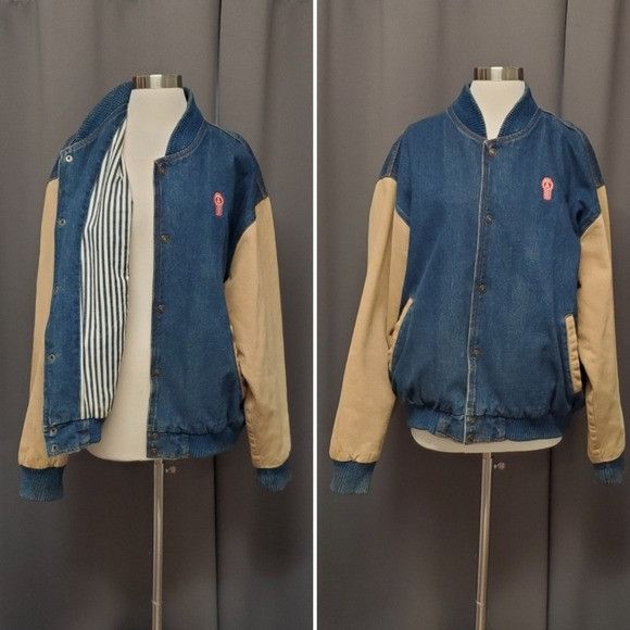 image of Vintage Kenworth Truck Two Tone Denim Railroad Stripe Bomber in Blue, Men's (Size Large)