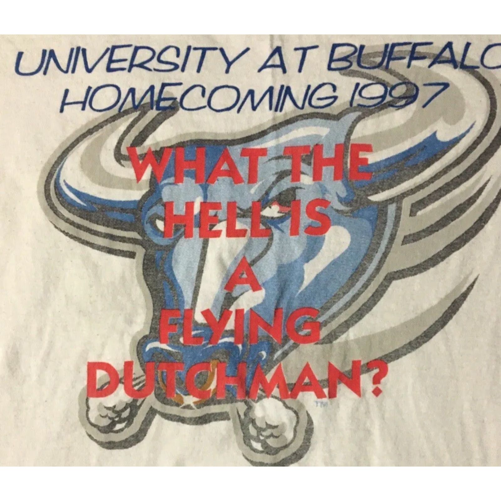 Vintage VINTAGE 90s UB Bulls Vs Hofstra Flying Dutchmen What The Hell Is A College PE T-Shirt XL White University at Buffalo Mens Graphic Tee Size US XL / EU 56 / 4 - 3 Thumbnail