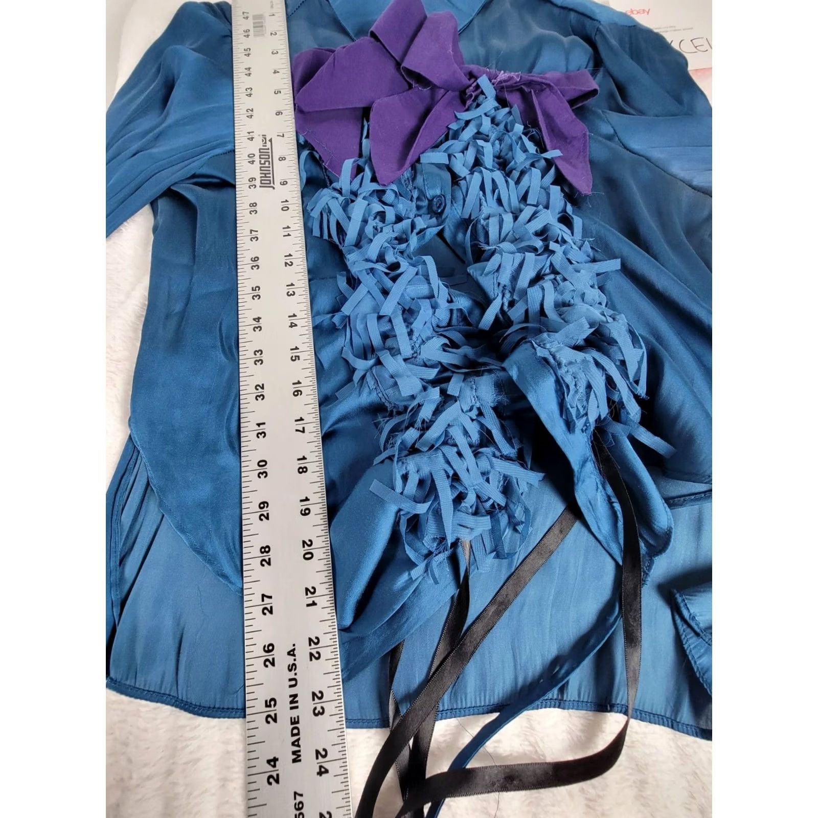 Vintage Mahina Womens Silky Blue Purple Bow & Fringe Blouse Top Medium Long Sleeve Boho Size M / US 6-8 / IT 42-44 - 7 Thumbnail