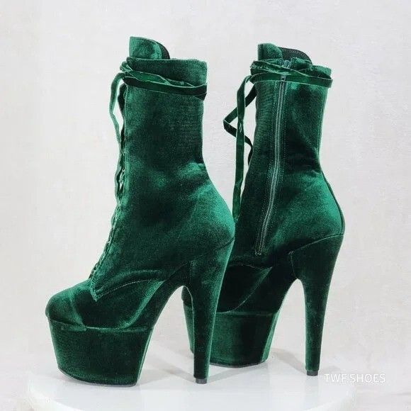Other Adore 1045 Emerald Green Velvet 7" High Heel Platform Ankle Size US 8 / IT 38 - 2 Thumbnail