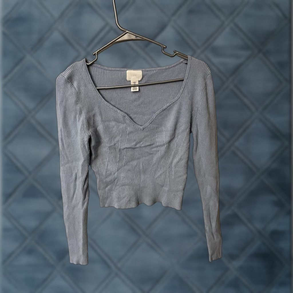 H&M H&M Shirt Women M Blue Ribbed Long Sleeve Square Sweetheart Neck Fitted Size M / US 6-8 / IT 42-44 - 1 Thumbnail