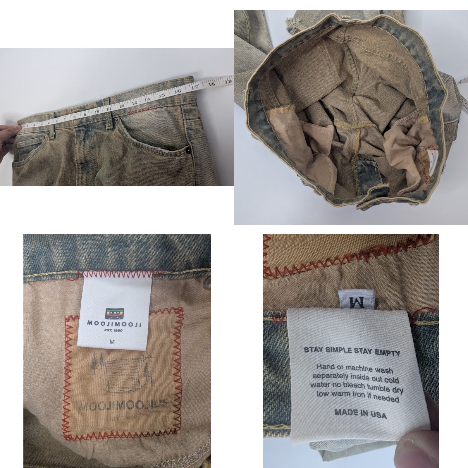 Denime Moojimooji Jeans Mens Aged Sand Distressed Denim Frayed Hem Made USA Streetwear Size US 31 - 9 Thumbnail