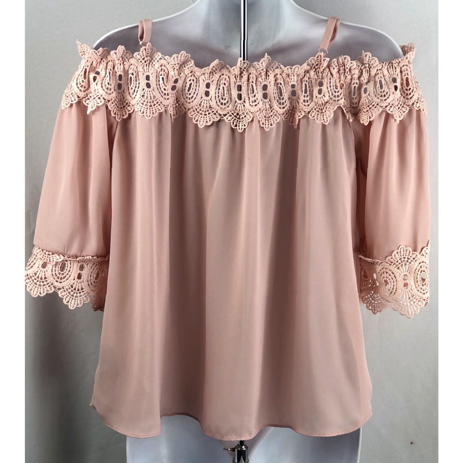 VINTAGE By By Off shoulder peasant top L pink lace flowy Chiffon Adjustable Straps Y2K 90s Fairy Bohemian Coquette Romantic Shirt Womens