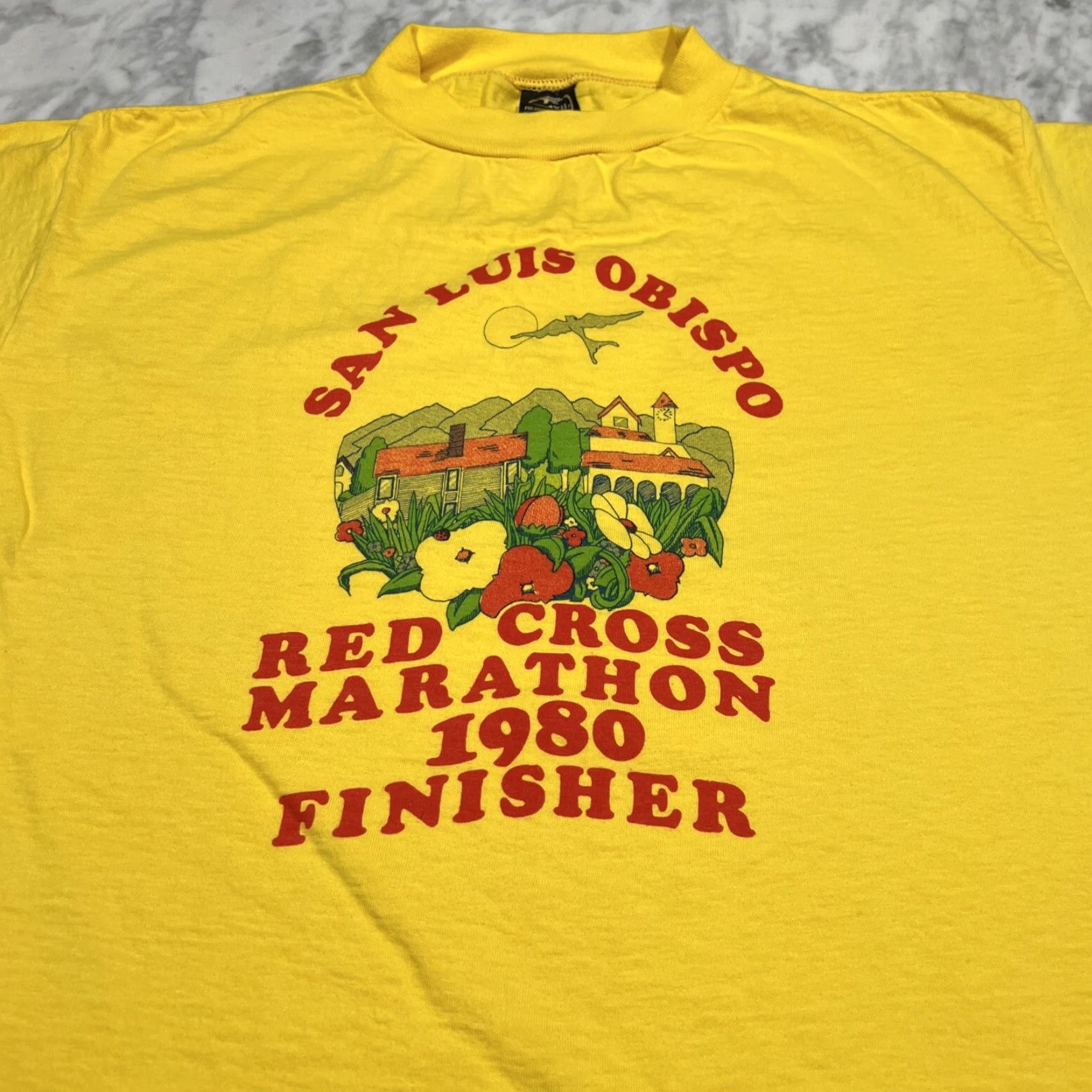 Anvil VINTAGE Red Cross Marathon Finisher Shirt San Luis Obispo 1980s Anvil XL Unisex Short Sleeve Yellow/Red Graphic Tee Men Women Size US XL / EU 56 / 4 - 4 Thumbnail