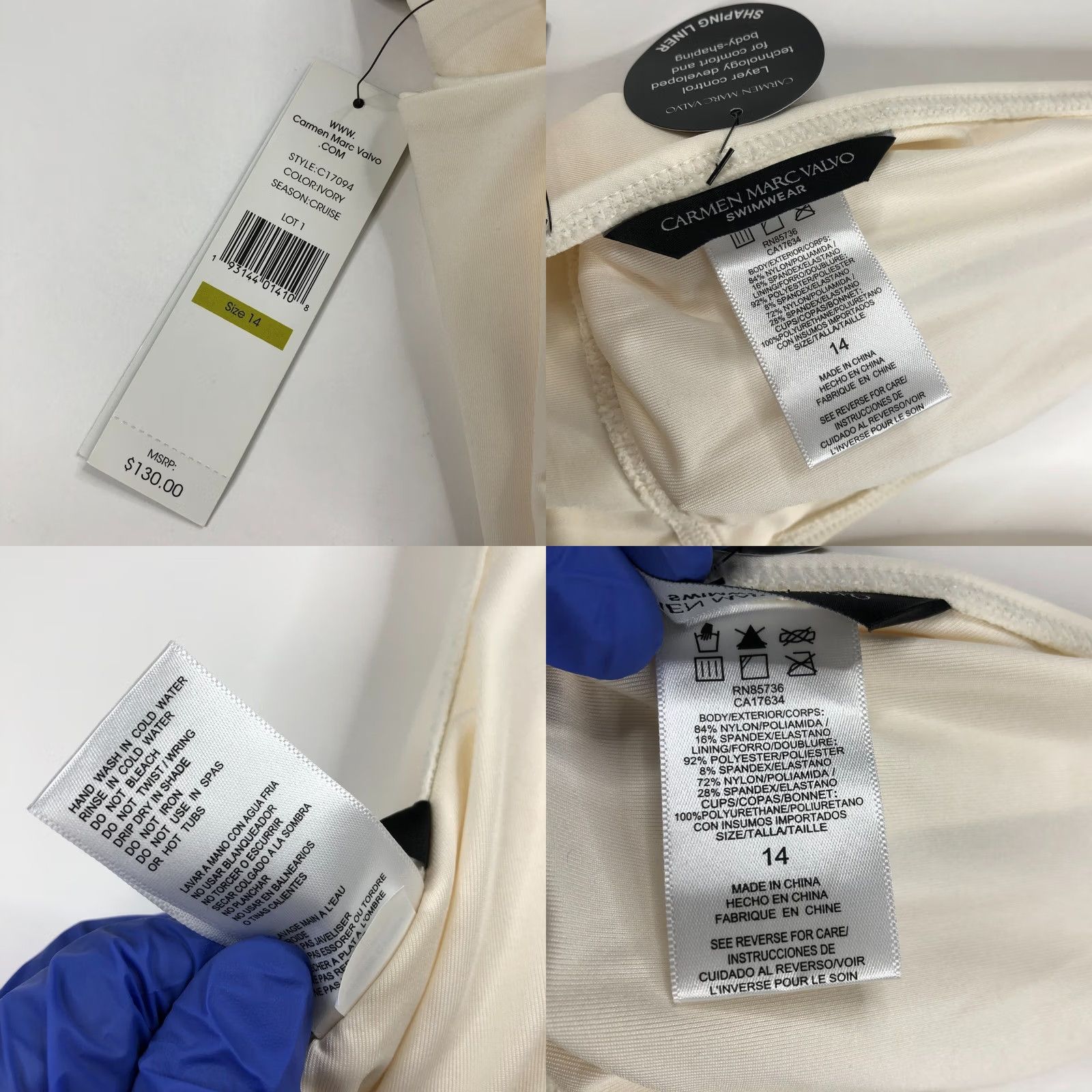 Vintage Carmen Marc Valvo One Piece Swimsuit Ivory Nylon Spandex 14 Adult Women Retro Wide Straps Removable Pads Shirred Smoothing Liner Solid Pattern Denim? Size ONE SIZE - 8 Thumbnail