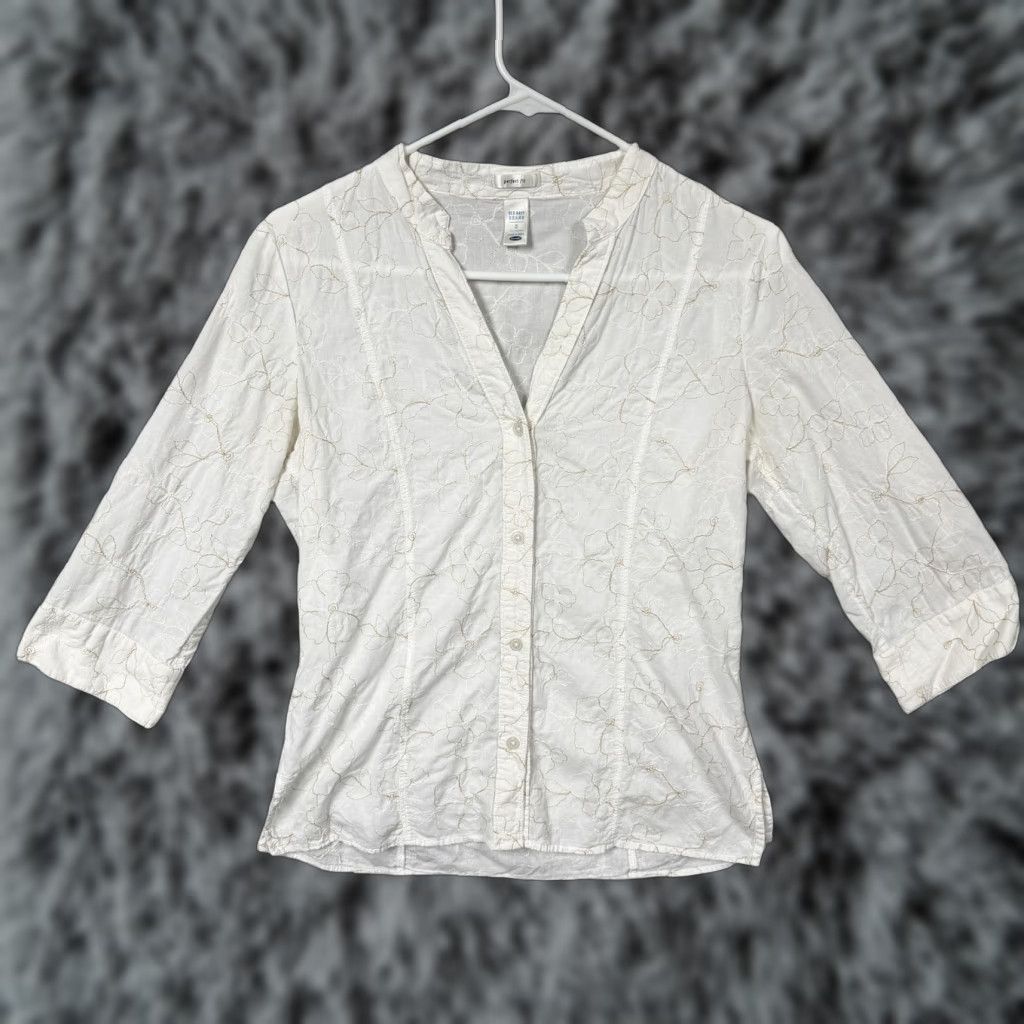 Old Navy Old Navy Blouse Women's S White 3/4 Sleeves V-Neck Button Front Embroidered Floral Lightweight Cotton Casual Spring Size S / US 4 / IT 40 - 1 Thumbnail