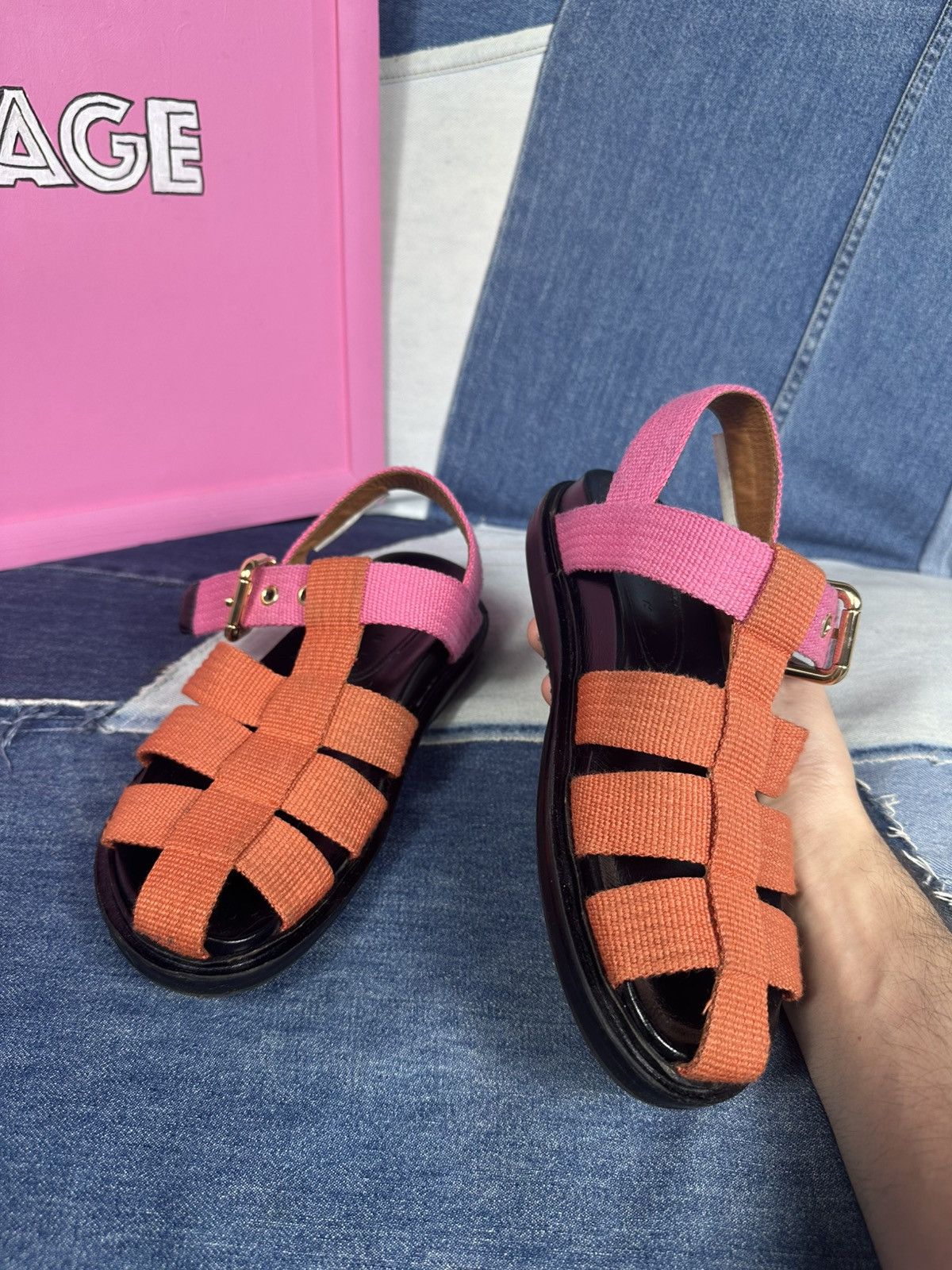 Marni Marni Orange & Pink Fisherman Sandals Canvas Straps Leather Size US 7 / IT 37 - 11 Thumbnail