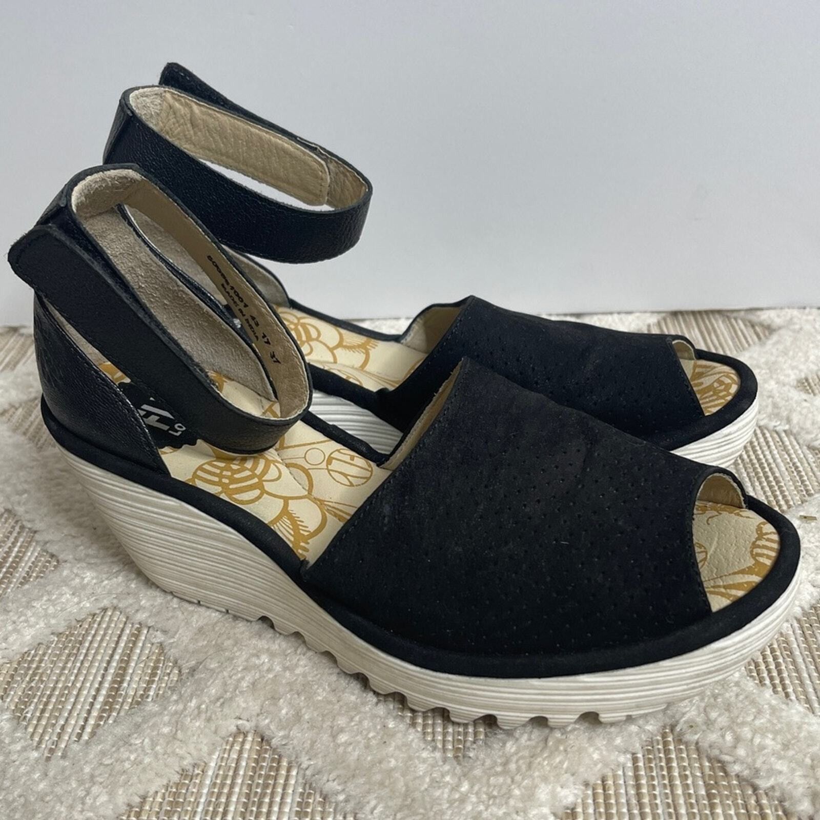 FLY London Leather Wedge Sandal Black SZ 37/US 6.5/7