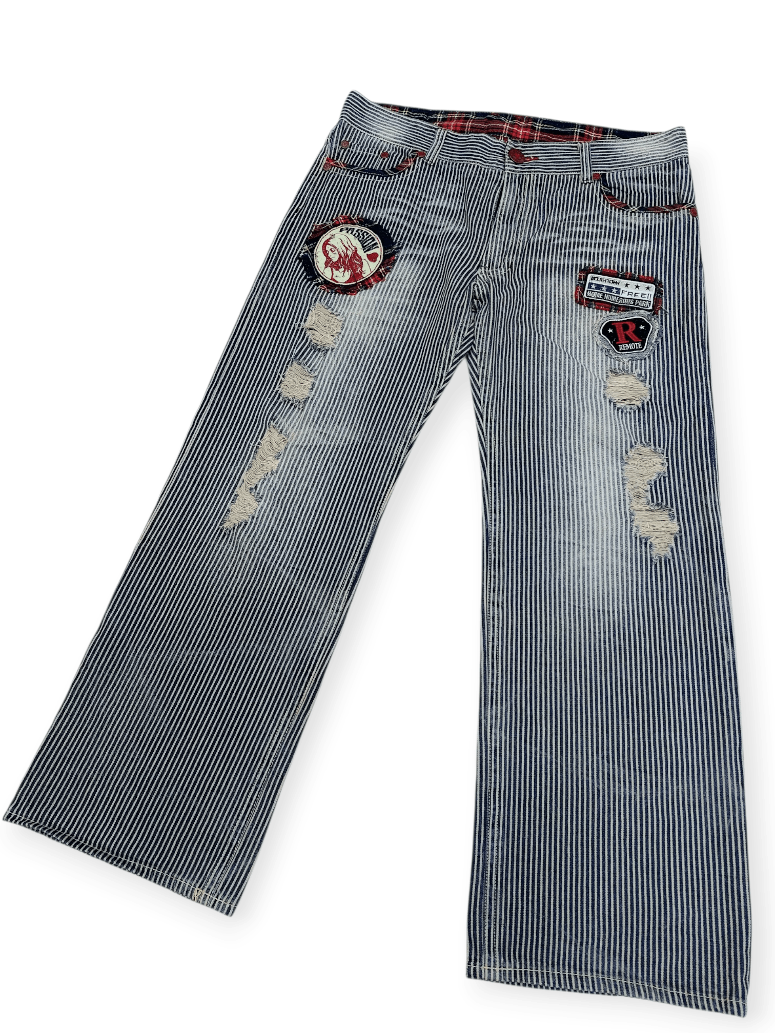 If Six Was Nine Y2K Patchwork Hickory Stripe Baggy Original Jeans Size US 35 - 1 Thumbnail
