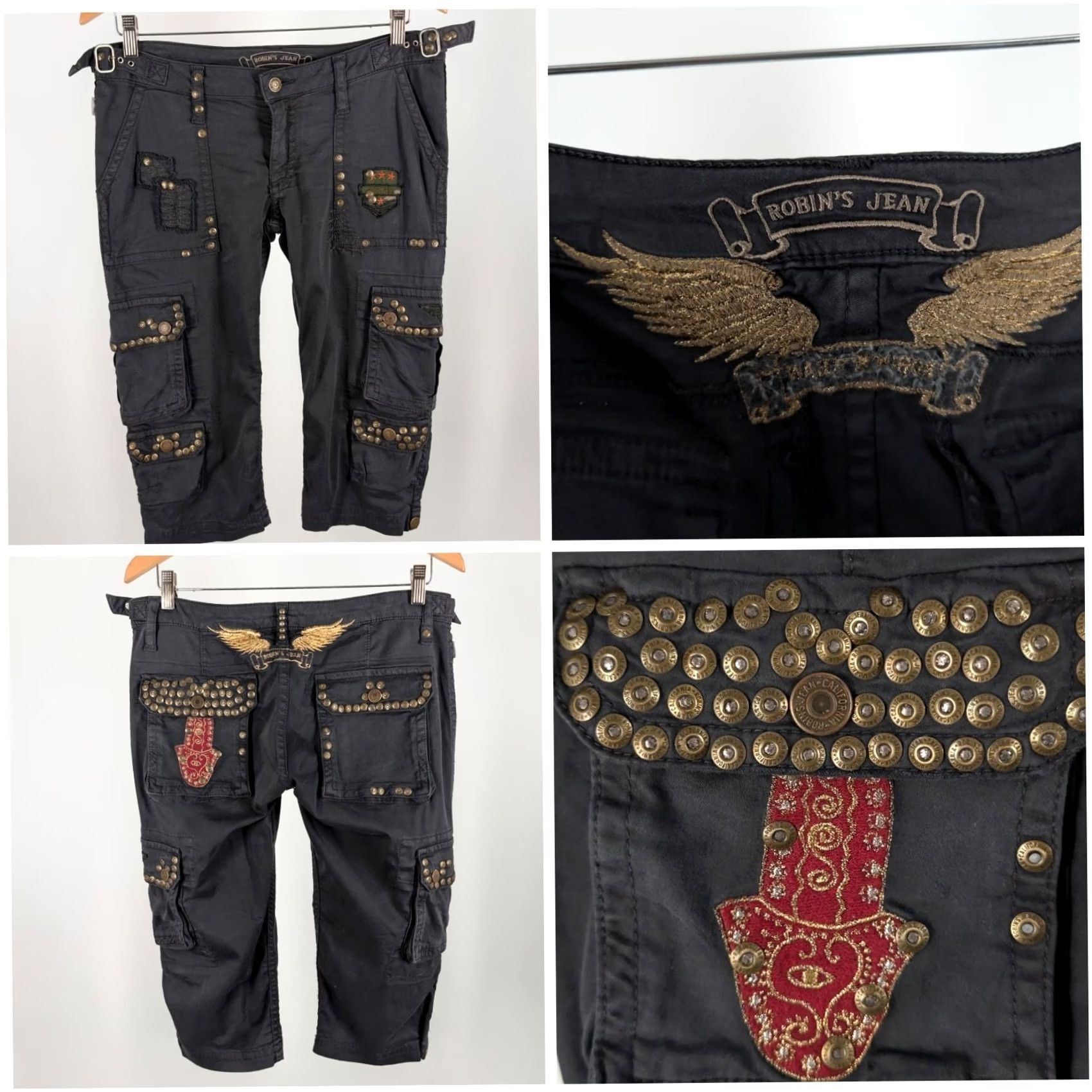 Vintage VINTAGE Robin’s Jean Cargo Capris 29 Women Black Studded USA Side Straps Military 32 Wrist Cuff Wings Embroidered 2000s Mens Women Girls Size 29" - 2 Thumbnail