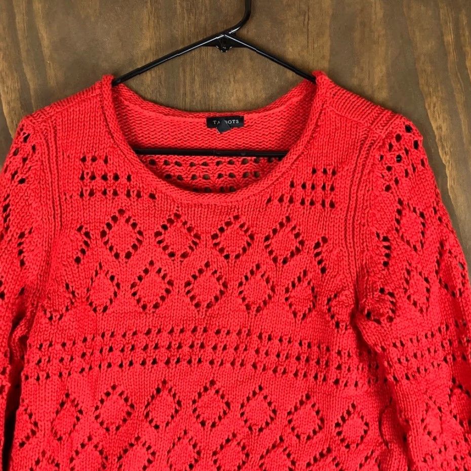 Talbots Talbots Womens Sweater Red Open Knit Diamond Pattern Small Crew Neck Knit Cotton Blend Open-Knit Casual Womens Size S / US 4 / IT 40 - 2 Thumbnail