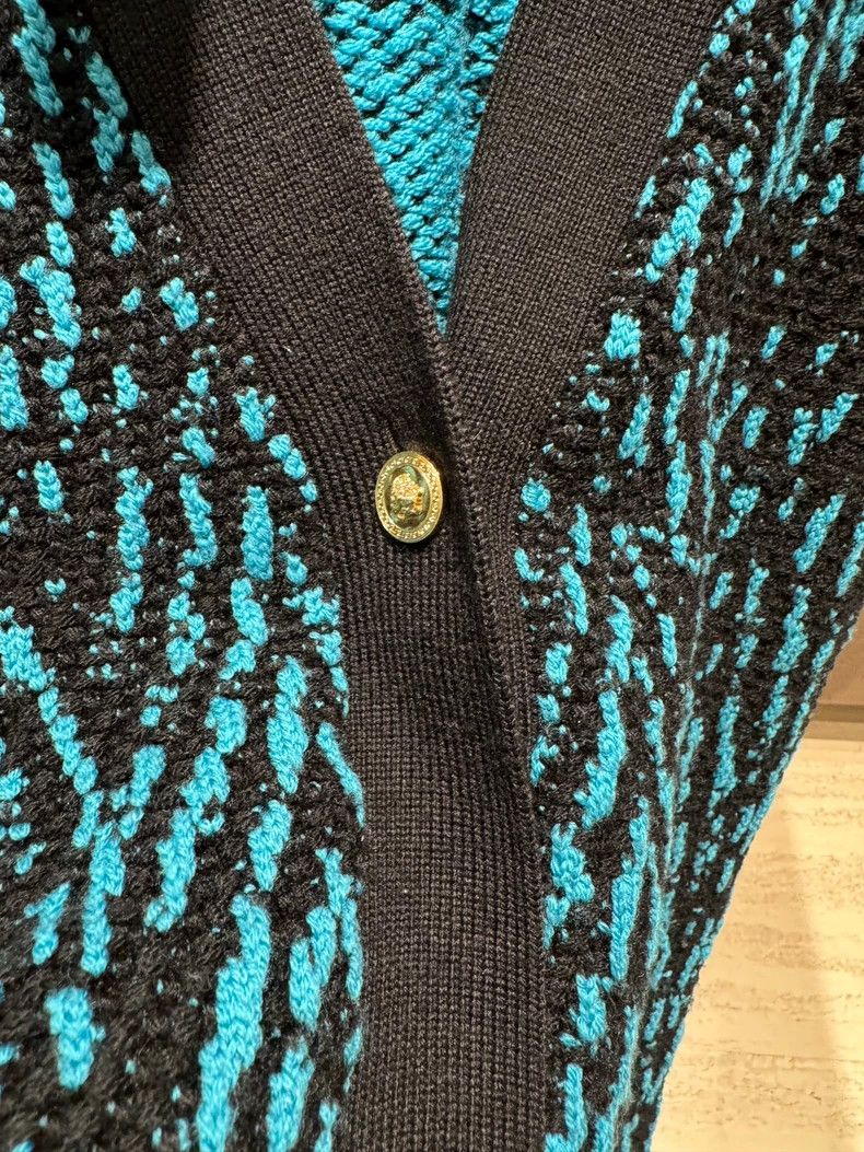 Versace Versace Blue and black patterned long wool cardigan button Size L / US 10 / IT 46 - 4 Thumbnail