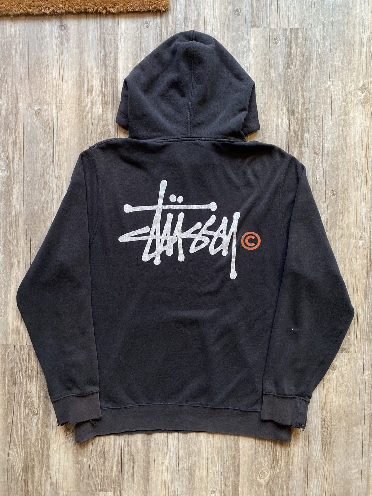 Pre-owned Stussy X Vintage Stussy Brand Stock Script Logo Distressed Graphic Hoodie In Faded Black