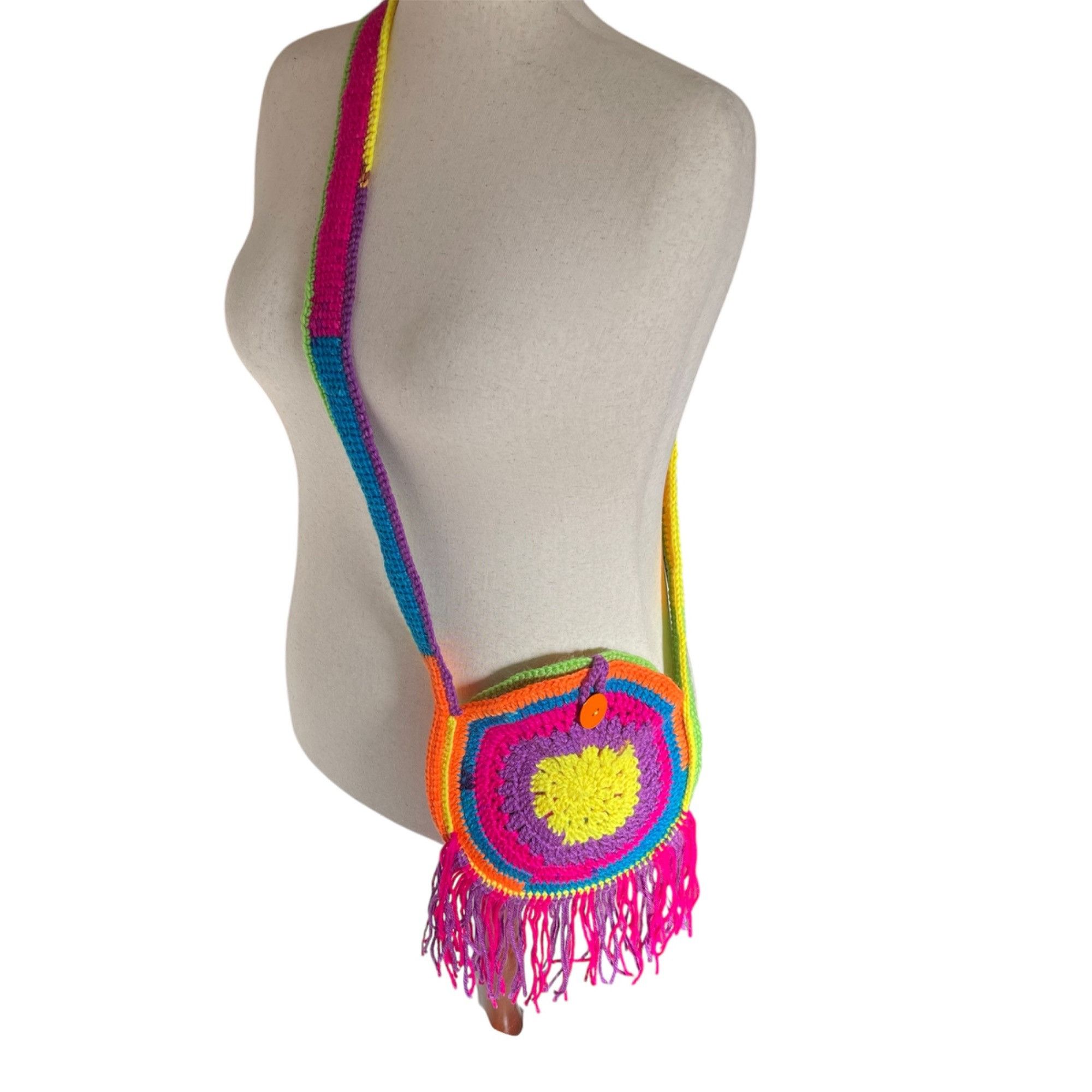 Handmade Crochet Purse Fringed Rainbow Colors Retro Hippie Style Shou Size ONE SIZE - 4 Thumbnail