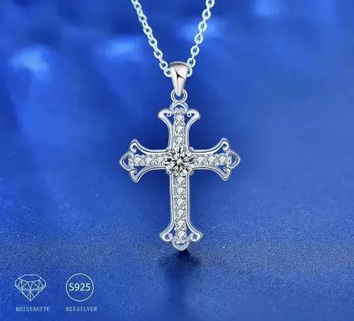 Jewelry 925 Sterling Silver 0.5 Carat Moissanite Cross Necklace Size ONE SIZE - 2 Thumbnail