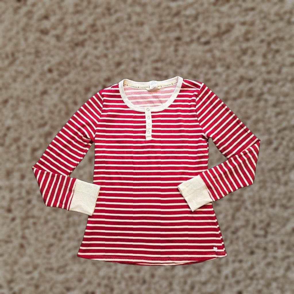 Lucky Brand Lucky Brand Top Womens Size Small Red White Stripe Thermal Henley Long Sleeve Shirt Size S / US 4 / IT 40 - 1 Thumbnail