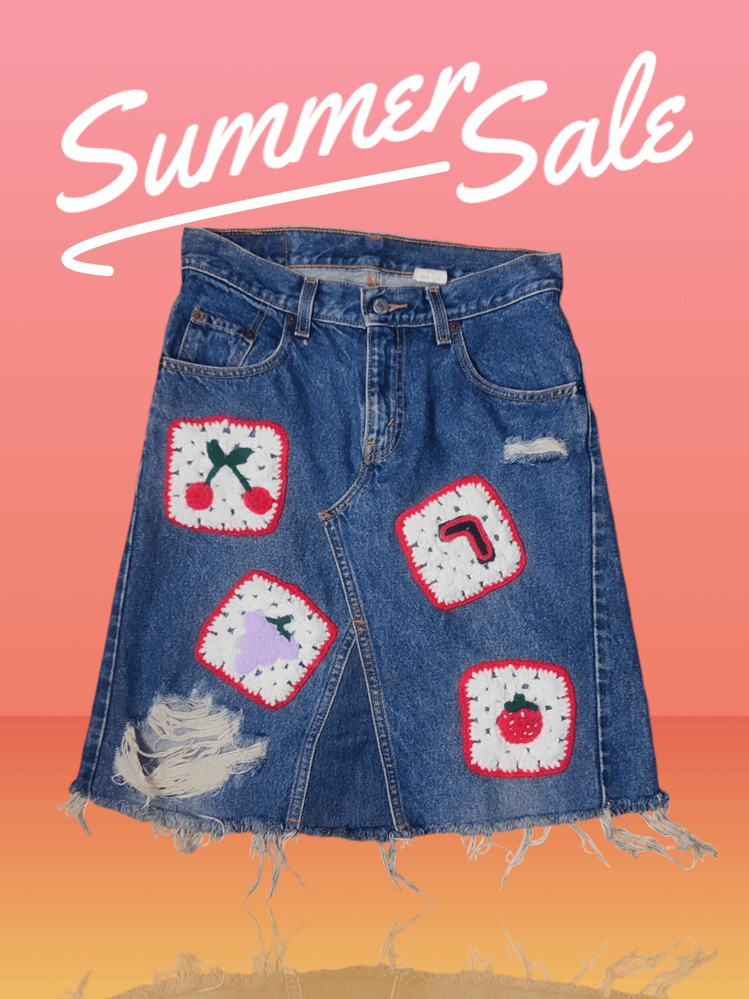Handmade × Levi's Vintage Clothing Midi skirt Levi's custom made Granny Square crochet patches Size 29" - 2 Thumbnail