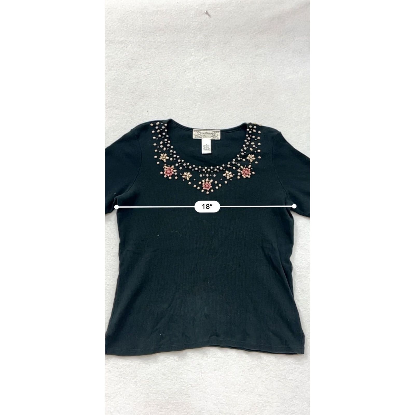 Vintage VINTAGE Tiara Black Embroidered Womens Top M Short Sleeve Shirt Womens M Black Beadwork Cotton Blouse Vintage/Tiara 90s? Size M / US 6-8 / IT 42-44 - 8 Thumbnail