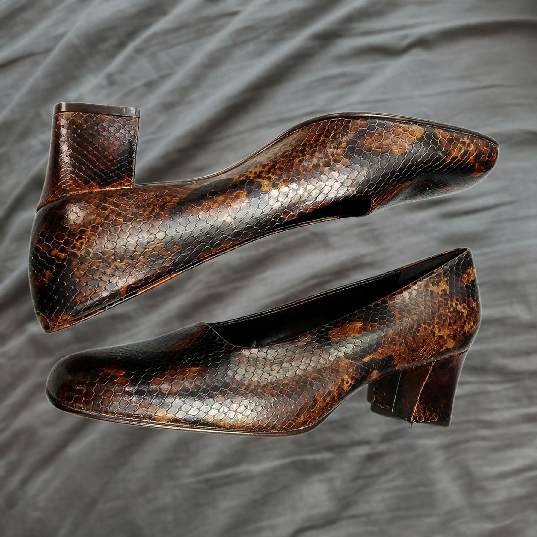 Kenzo VINTAGE Enzo Angiolini Pump Heels Women US 9.5M Brown Black Snakeskin Square Toe Size Womens 9.5 Shoes Size US 10 / IT 40 - 1 Thumbnail