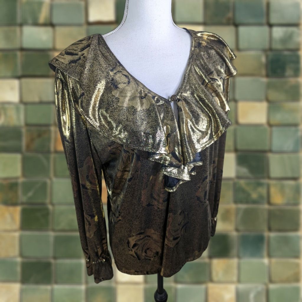Vintage VINTAGE 90s Gold Floral Rose Blouse L1S Cotton Blend Long Sleeve Ruffle Shirt Women M Gold 90s Theme Womens Blouse Size M / US 6-8 / IT 42-44 - 1 Thumbnail