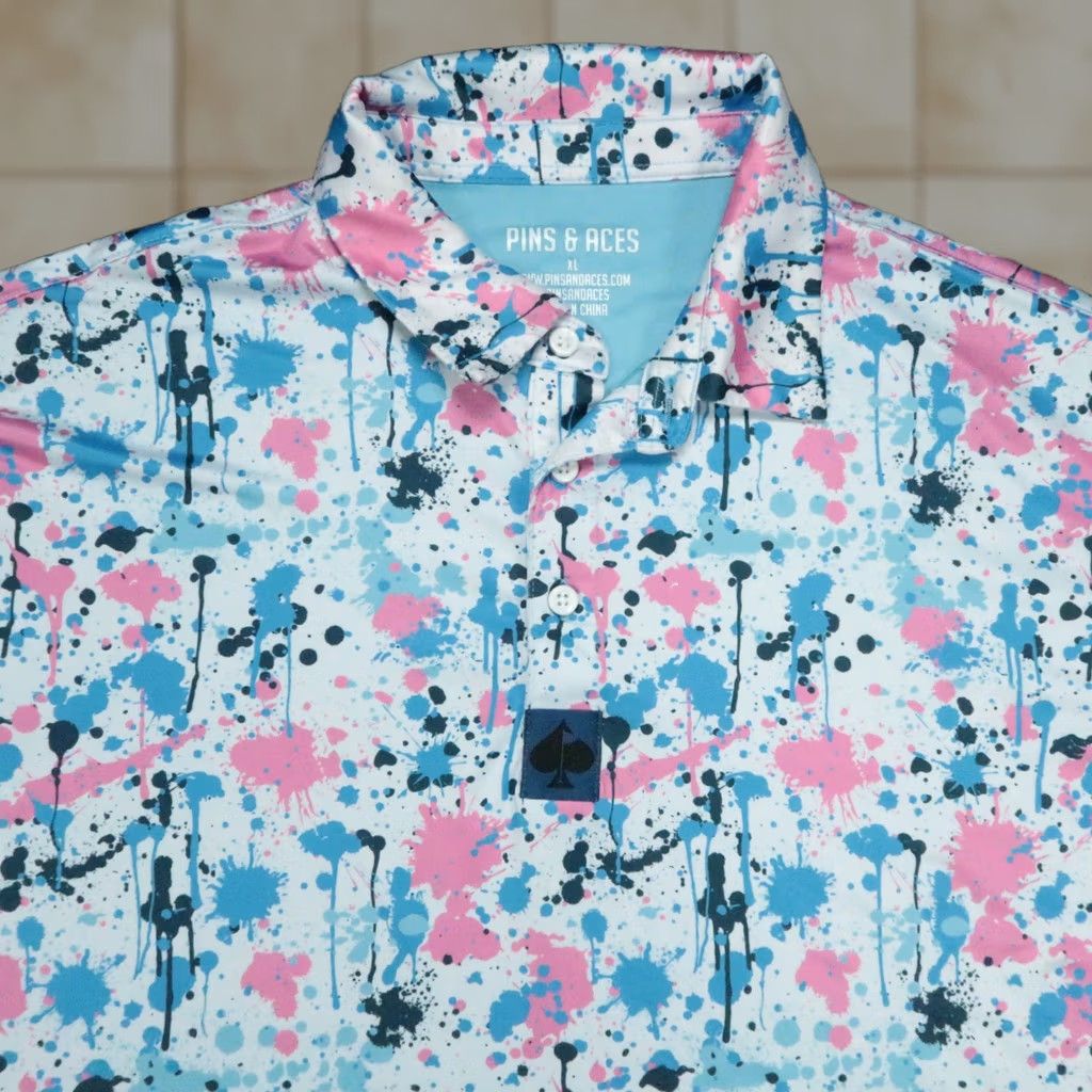 Vintage Pins & Aces Polo Shirt Mens XL White Blue Paint Splatter Print Short Sleeve Polo*/ Size US XL / EU 56 / 4 - 1 Thumbnail