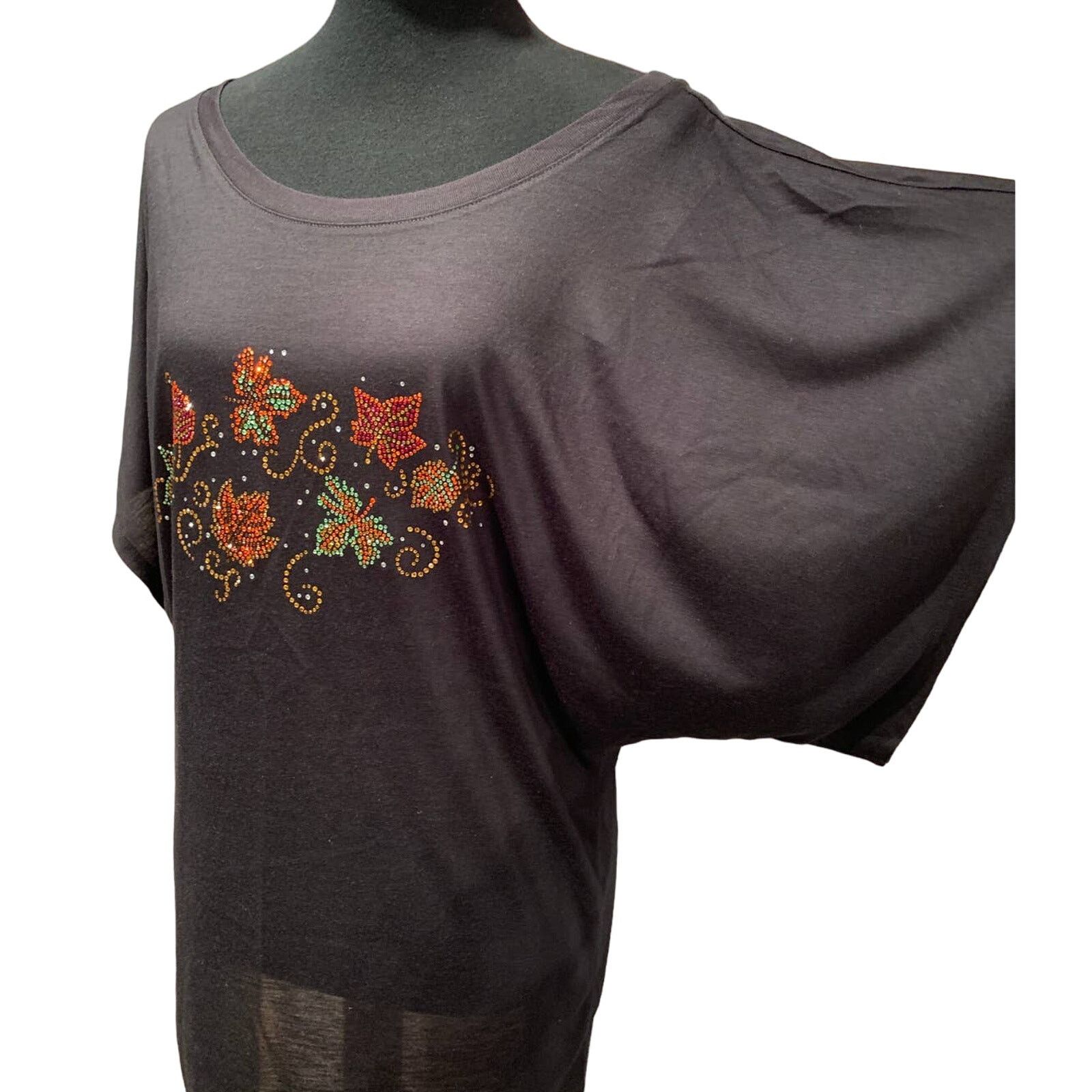 Handmade New 2X Rhinestone Autumn Leaves Batwing Dolman Blouse Top Size XXL / US 16-18 / IT 52-54 - 6 Thumbnail