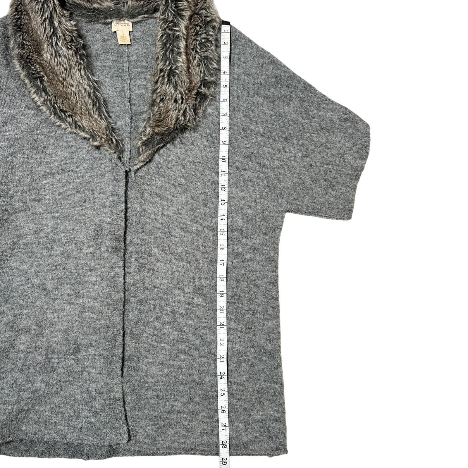 Chicos Chico’s Lillian Faux Fur Collar Cardigan Sweater Gray Wool Size M / US 6-8 / IT 42-44 - 14 Thumbnail