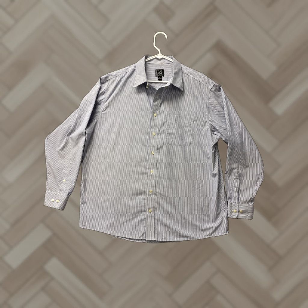 Vintage Jos A Bank Dress Shirt Men XL Navy Striped Button Up Knit Easy Care Stretch 11851 Mens Size 46R - 1 Thumbnail