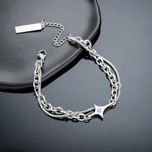 Jewelry Silver Chain Link Bracelet with Star Charm, Adjustable Size ONE SIZE - 7 Thumbnail