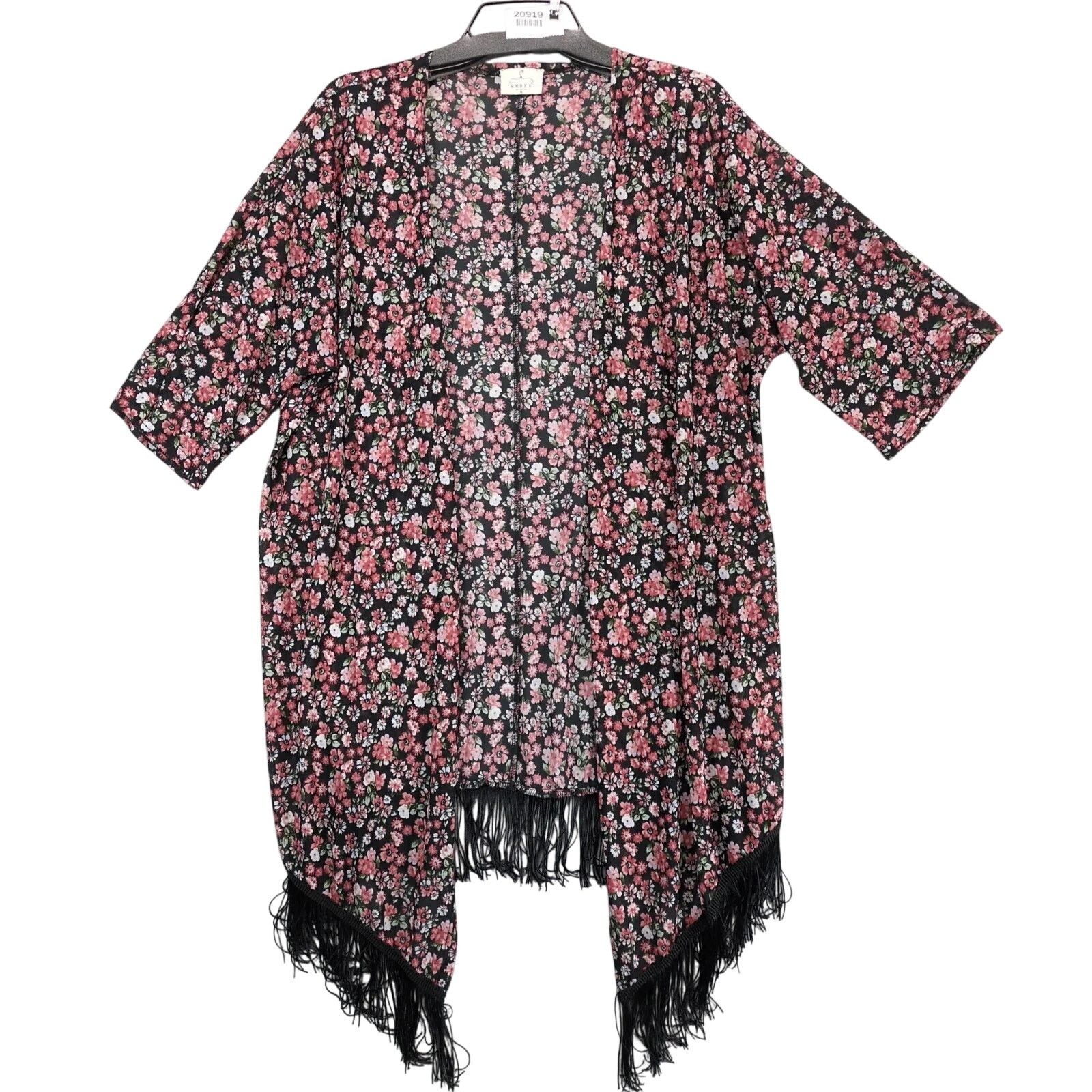 Other Ember Pink Floral Black Sheer Open Cardigan Shrug Fringe XL Size XL / US 12-14 / IT 48-50 - 1 Thumbnail