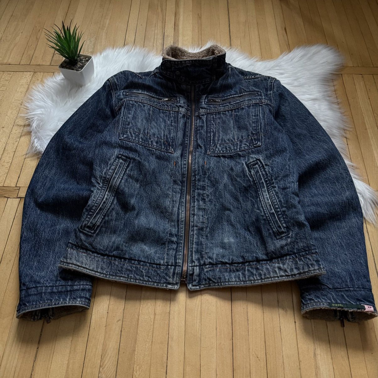 Diesel 📌 Vintage Y2K Diesel Fur Sherpa Denim Jacket Zip Up 00s Size L / US 10 / IT 46 - 4 Thumbnail