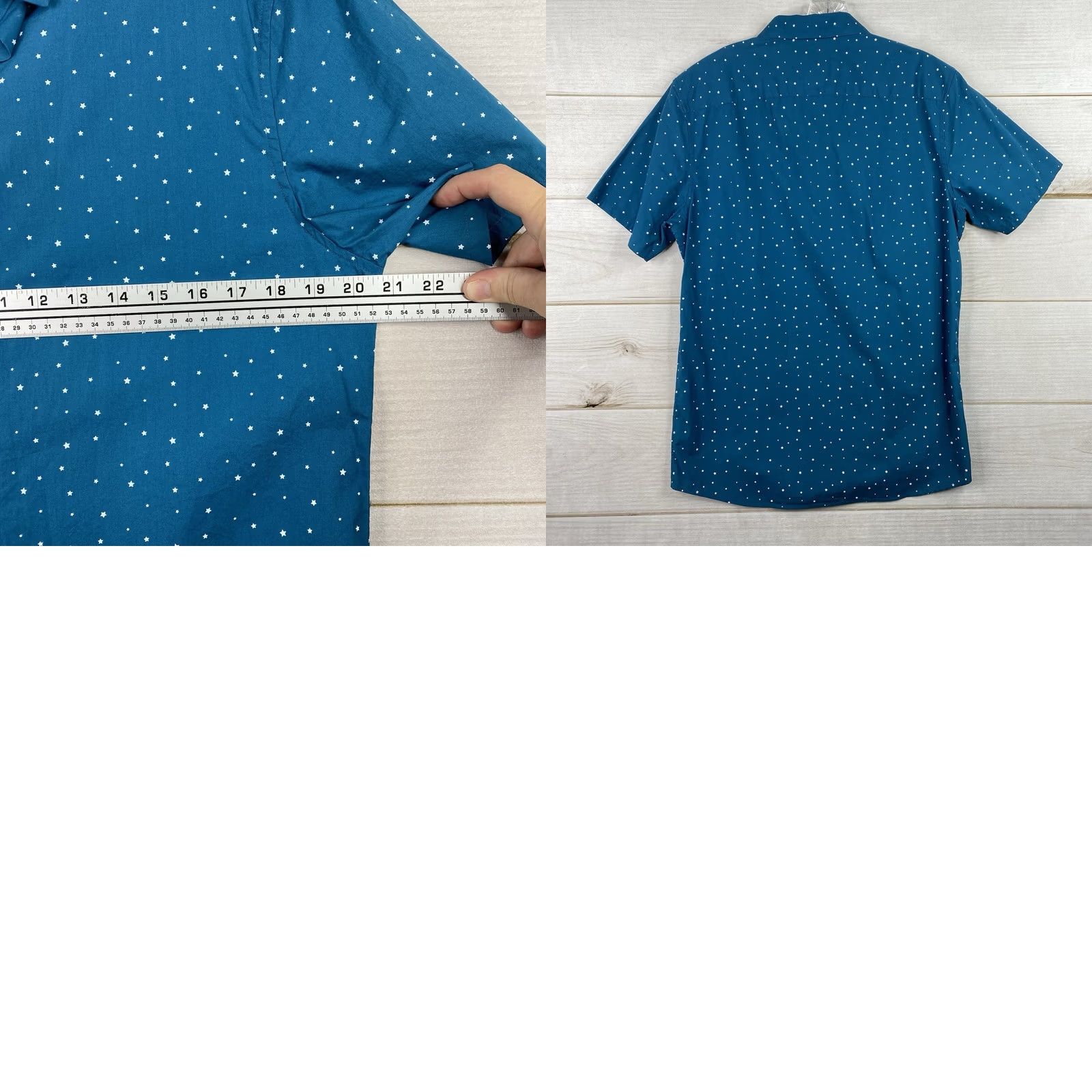Frame A Frame Button-Up Shirt Mens M Blue Stars Print Short Sleeve Cotton Geometric Collared Casual Workwear Size US M / EU 48-50 / 2 - 8 Thumbnail