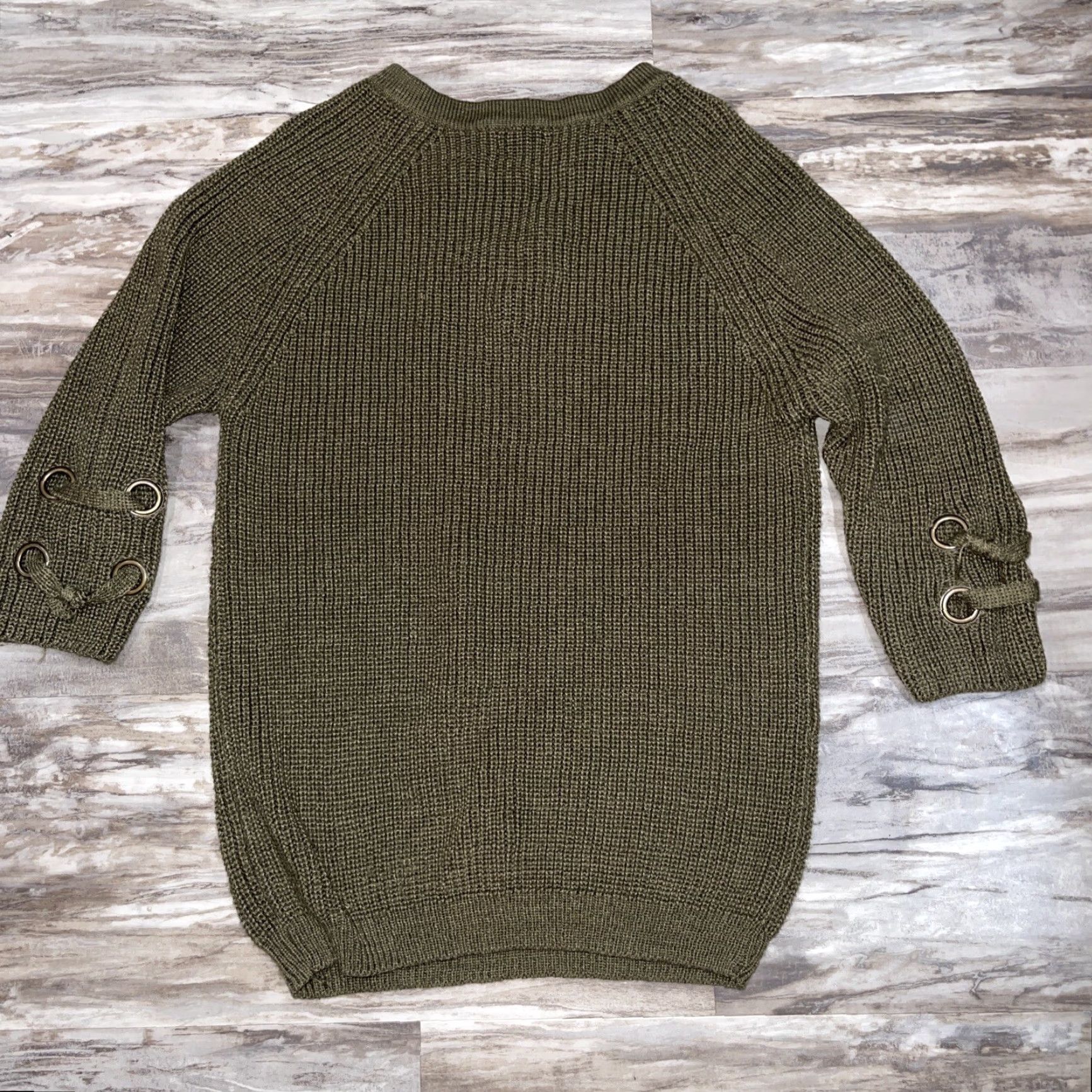 Vintage MIRACLE Women's Sweater 3/4 Sleeve Crewneck Lace Up Chest Dark Olive Army Green M/L Women Size M / US 6-8 / IT 42-44 - 6 Thumbnail