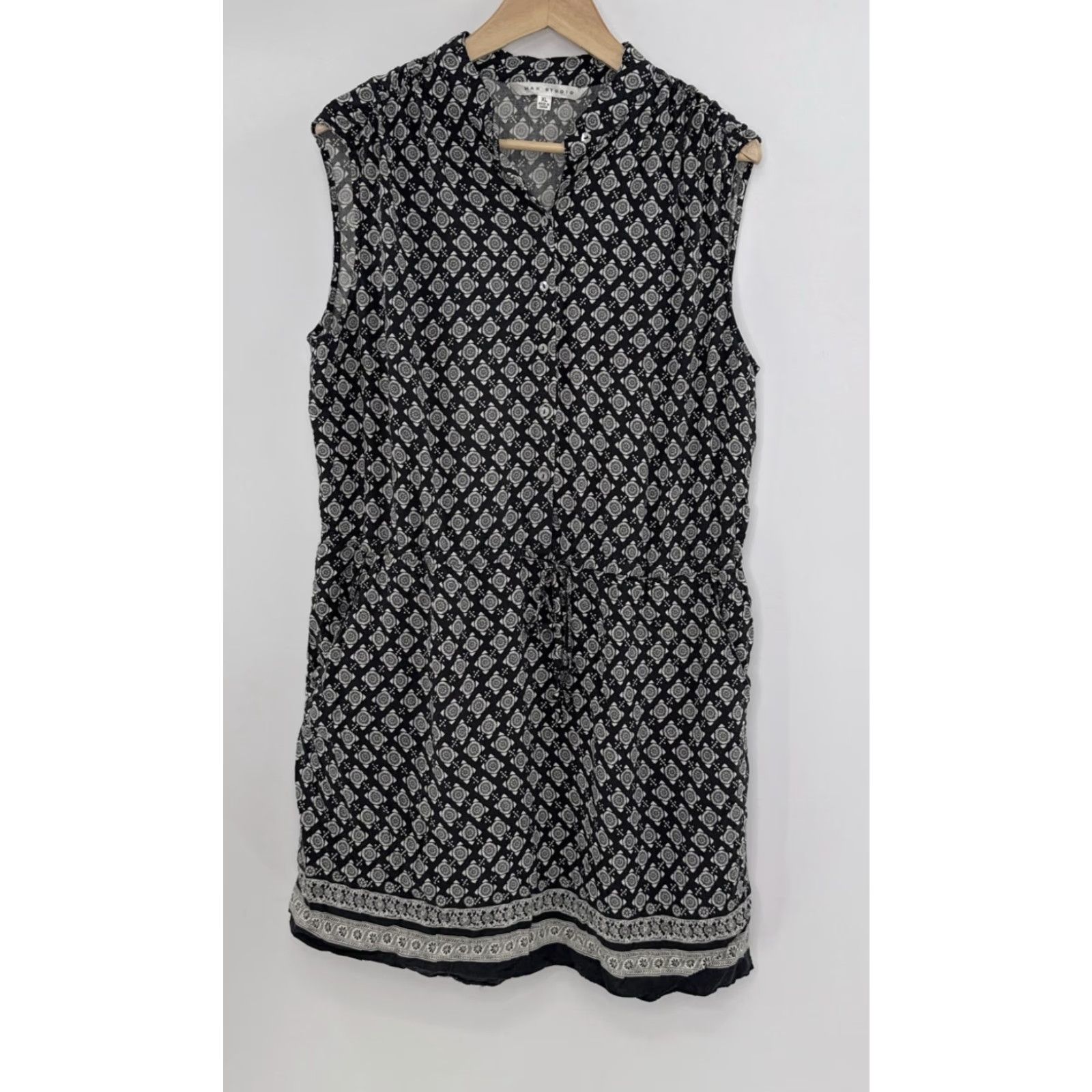 Vintage Max Studio Sleeveless Printed Drawstring Pockets Dress XL Black Boho Lightweight Shirt Dress Womens Size XL / US 12-14 / IT 48-50 - 2 Thumbnail
