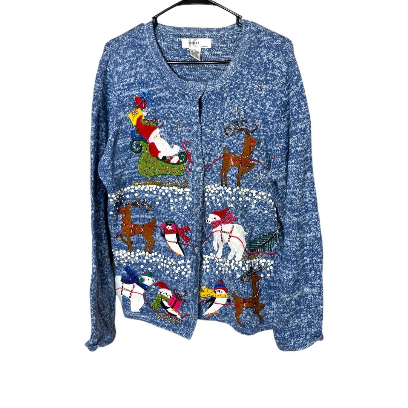 Other Vintage Kikit Christmas Holiday Sweater Blue Knit Beaded Embroidered Size XL Size XL / US 12-14 / IT 48-50 - 1 Thumbnail